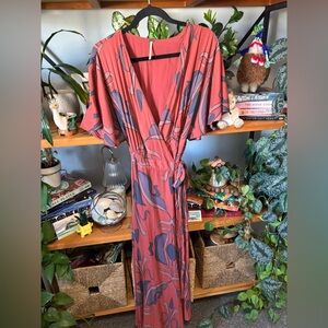 Free People Coral and Slate Blue Abstract Maxi Dress